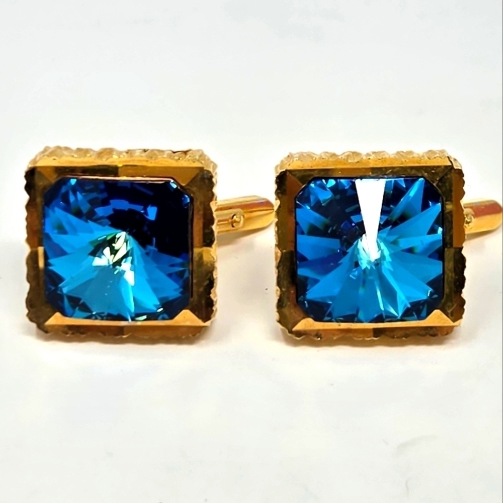VINTAGE 1960S GOLD TONE BLUE RIVOLI CUFFLINKS MENSWEAR CLASSIC 1" SQUARE MCM